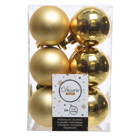 12x Gouden kerstballen 6 cm glanzende/matte kunststof/plastic kerstversiering