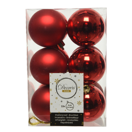 12x Kerst rode kerstballen 6 cm glanzende/matte kunststof/plastic kerstversiering