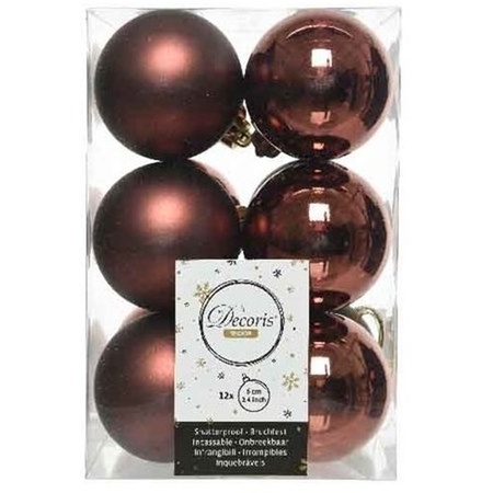 12x Mahonie bruine kerstballen 6 cm glanzende/matte kunststof/plastic kerstversiering