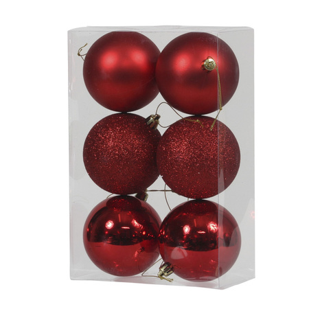 12x Rode kunststof kerstballen 8 cm glans/mat/glitter
