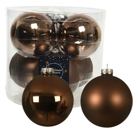 12x Glass christmas baubles walnut brown 10 cm matt/shiny