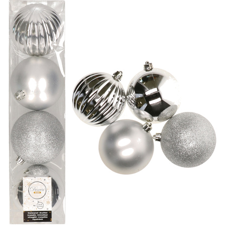 12x Zilveren kerstballen 10 cm glanzende/matte/glitter kunststof/plastic kerstversiering