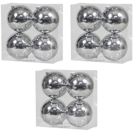 12x Silver Christmas baubles shiny 12 cm plastic 
