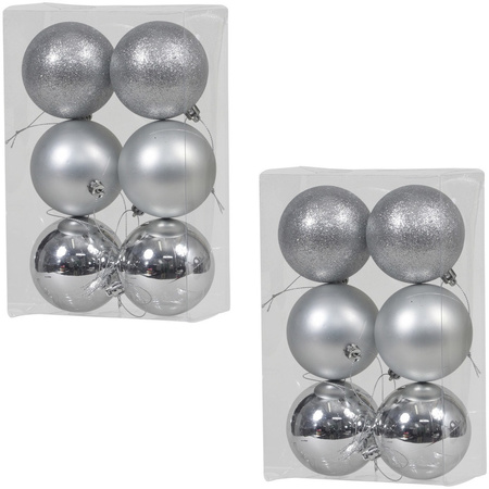12x Zilveren kunststof kerstballen 8 cm glans/mat/glitter