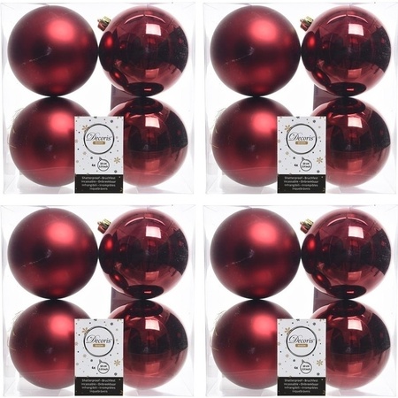 16x Donkerrode kerstballen 10 cm glanzende/matte kunststof/plastic kerstversiering