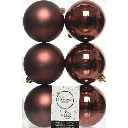 18x Mahonie bruine kerstballen 8 cm  glanzende/matte kunststof/plastic kerstversiering