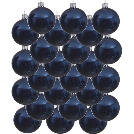 24x Donkerblauwe kerstballen 8 cm glanzende glas kerstversiering