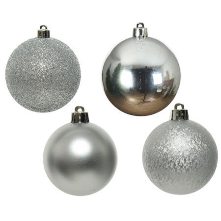 30x Zilveren kerstballen 6 cm glanzende/matte/glitter kunststof/plastic kerstversiering