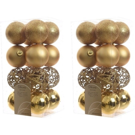 32x Gouden kerstballen 6 cm glanzende/matte/glitter kunststof/plastic kerstversiering