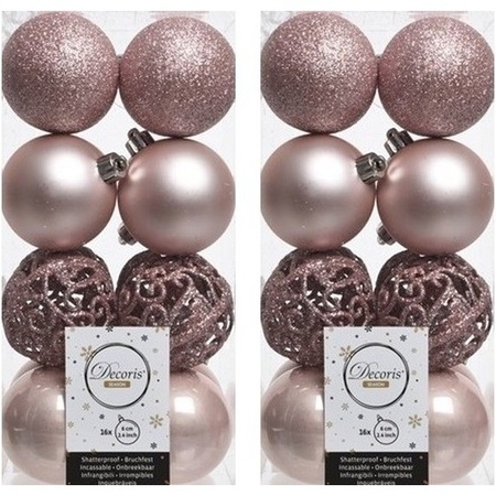 32x Lichtroze kerstballen 6 cm glanzende/matte/glitter kunststof/plastic kerstversiering