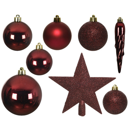 Kunststof kerstballen - 45x stuks - met ster piek - donkerrood