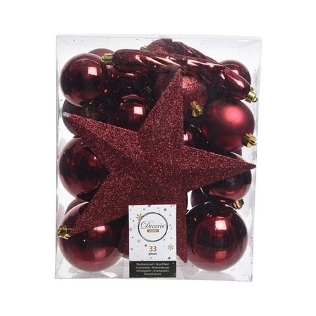 33x Dark red Christmas baubles with startopper 5-6-8 cm plastic