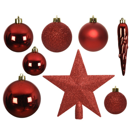 33x Rode kerstballen 5-6-8 cm glanzende/matte/glitter kunststof/plastic kerstversiering