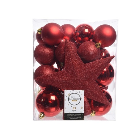 Kerstversiering kunststof kerstballen met piek rood 5-6-8 cm pakket van 45x stuks