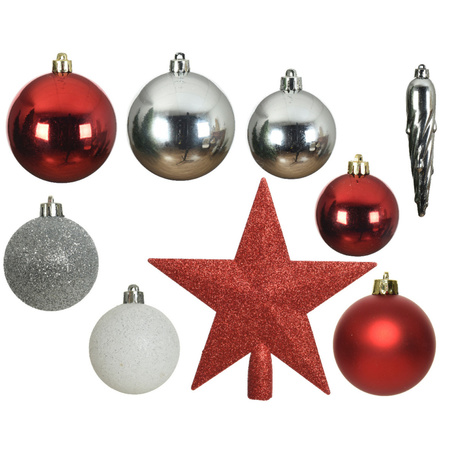 33x Red/white/silver Christmas baubles with startopper 5-6-8 cm