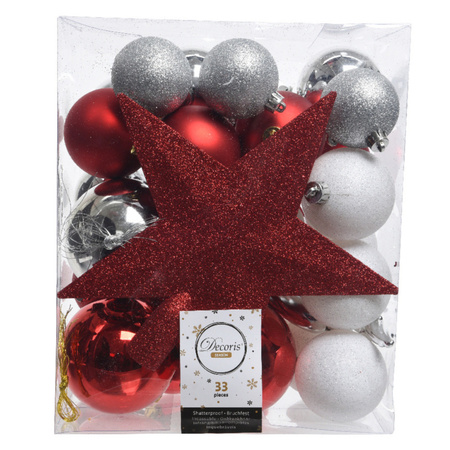 33x Rode/witte/zilveren kerstballen 5-6-8 cm glanzende/matte/glitter kunststof/plastic kerstversiering