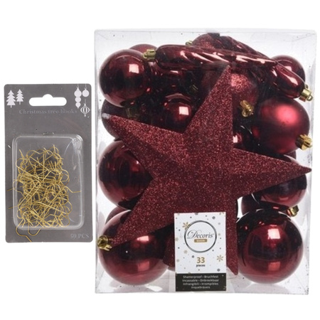 33x stuks kunststof kerstballen 5, 6 en 8 cm donkerrood inclusief ster piek en kerstbalhaakjes