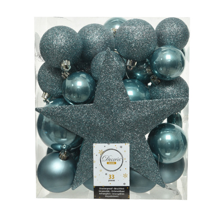 33x Plastic christmas baubles with star topper blue dawn 5-6-8 cm 