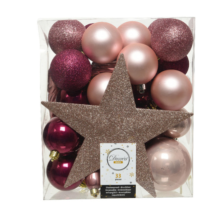 33x Plastic christmas baubles with star topper pink