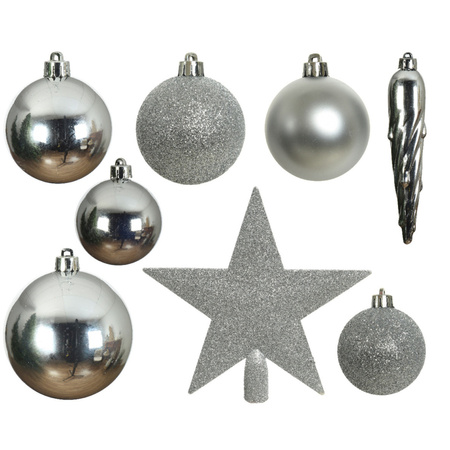 33x Zilveren kerstballen 5-6-8 cm glanzende/matte/glitter kunststof/plastic kerstversiering