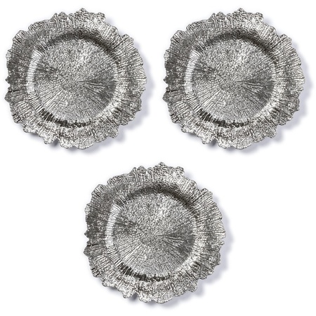 3x Candle charger plates/platters silver asymmetric 33 cm round