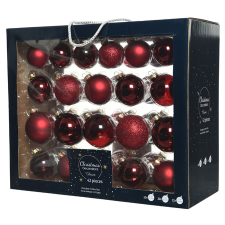 42x Donkerrode kerstballen 5-6-7 cm glanzende/matte glas kerstversiering