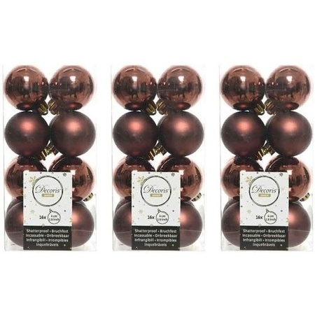 48x Mahonie bruine kerstballen 4 cm glanzende/matte kunststof/plastic kerstversiering