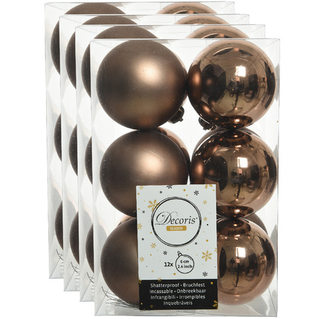 48x stuks kunststof kerstballen walnoot bruin 6 cm glans/mat
