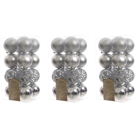 48x Zilveren kerstballen 6 cm glanzende/matte/glitter kunststof/plastic kerstversiering