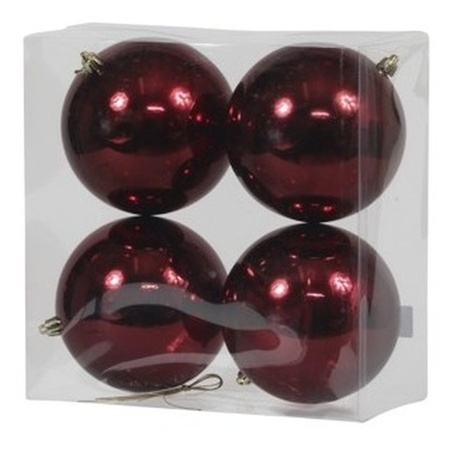 4x Bordeaux rode kerstballen 12 cm glanzende kunststof/plastic kerstversiering