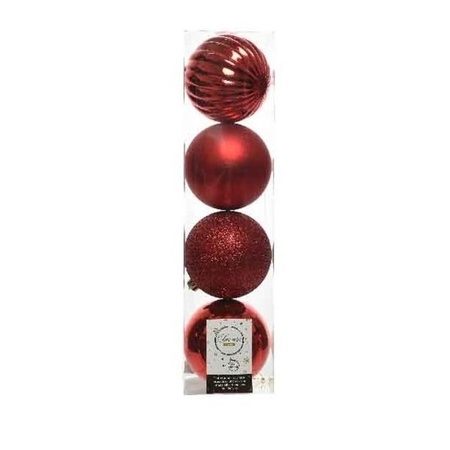 4x Kerst rode  kerstballen 10 cm glanzende/matte/glitter kunststof/plastic kerstversiering