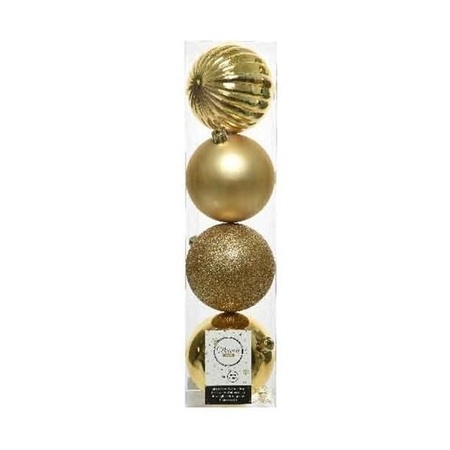 4x Licht gouden kerstballen 10 cm glanzende/matte/glitter kunststof/plastic kerstversiering