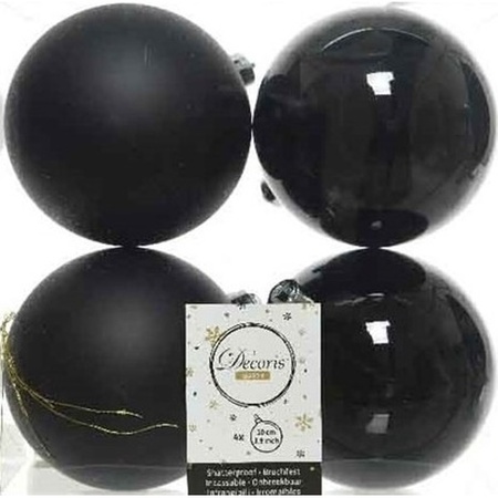 4x Black Christmas baubles 10 cm plastic matte/shiny