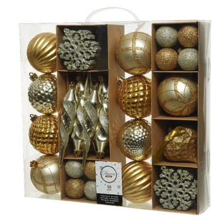 50x Gouden kerstballen 4-8-15 cm glanzende/glitter kunststof/plastic kerstversiering