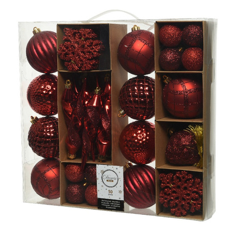 50x Rode kerstballen 4-8-15 cm glanzende/glitter kunststof/plastic kerstversiering