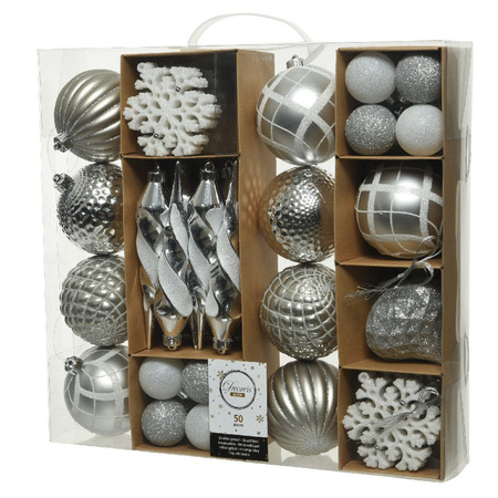 50x Zilveren kerstballen 4-8-15 cm glanzende/glitter kunststof/plastic kerstversiering
