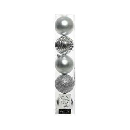 5x Zilveren kerstballen 8 cm glanzende/matte/glitter kunststof/plastic kerstversiering