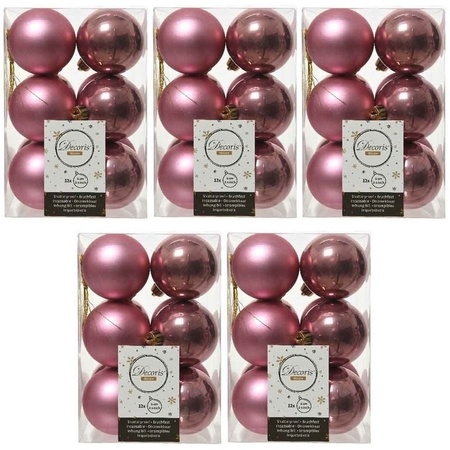 60x Oud roze kerstballen 6 cm glanzende/matte kunststof/plastic kerstversiering