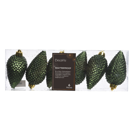 6x Dark green pinecones Christmas baubles 8 cm plastic glitter