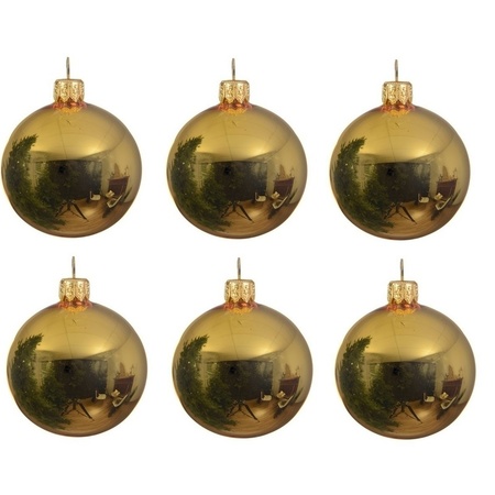 6x Gouden kerstballen 6 cm glanzende glas kerstversiering
