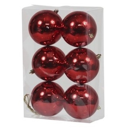 6x Rode kerstballen 10 cm glanzende kunststof/plastic kerstversiering