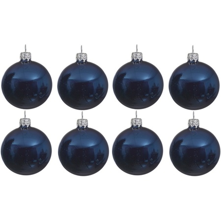 8x Donkerblauwe kerstballen 10 cm glanzende glas kerstversiering