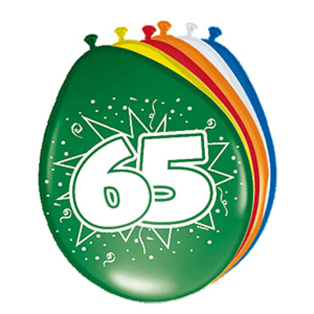 16 party ballonnen 65 jaar opdruk + sticker
