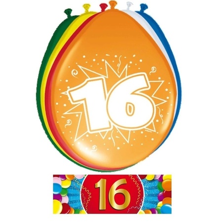 16 party ballonnen 16 jaar opdruk + sticker