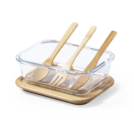 Bamboo lunchbox with fork, spoon and knife 17 x 13 x 7 cm