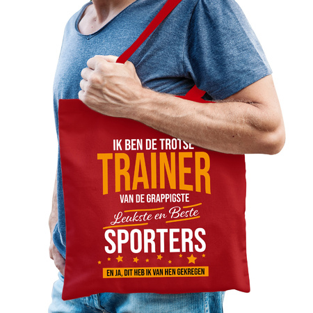 Cadeau tas voor trainer/coach - rood - katoen - 42 x 38 cm - fun tekst