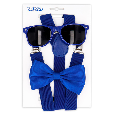 Carnaval verkleed set - bretels/party bril/vlinderstrikje - blauw - volwassenen/heren/dames