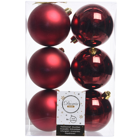 6x Donkerrode kerstballen 8 cm  glanzende/matte kunststof/plastic kerstversiering