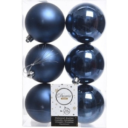 6x Donkerblauwe kerstballen 8 cm  glanzende/matte kunststof/plastic kerstversiering
