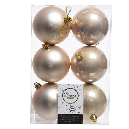 12x stuks kunststof kerstballen mix van champagne en lichtroze 8 cm